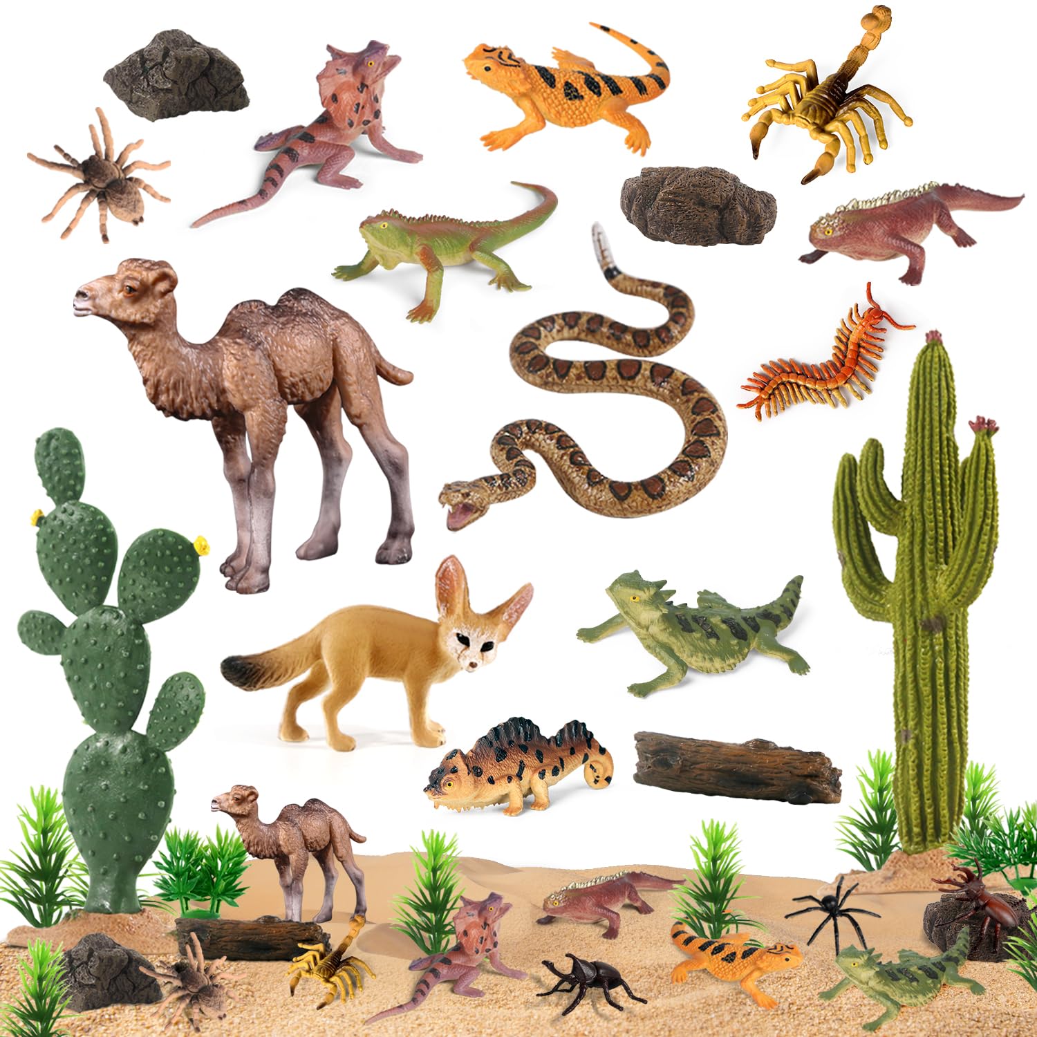 SIENON 32Pcs Desert Animal Figures Playset Model Trees Cactus Kit Diorama Project with Camel Fennec Fox Rattlesnake Scorpion Lizard Reptile Toy for Kids Birthday Cake Toppers Party Decorations