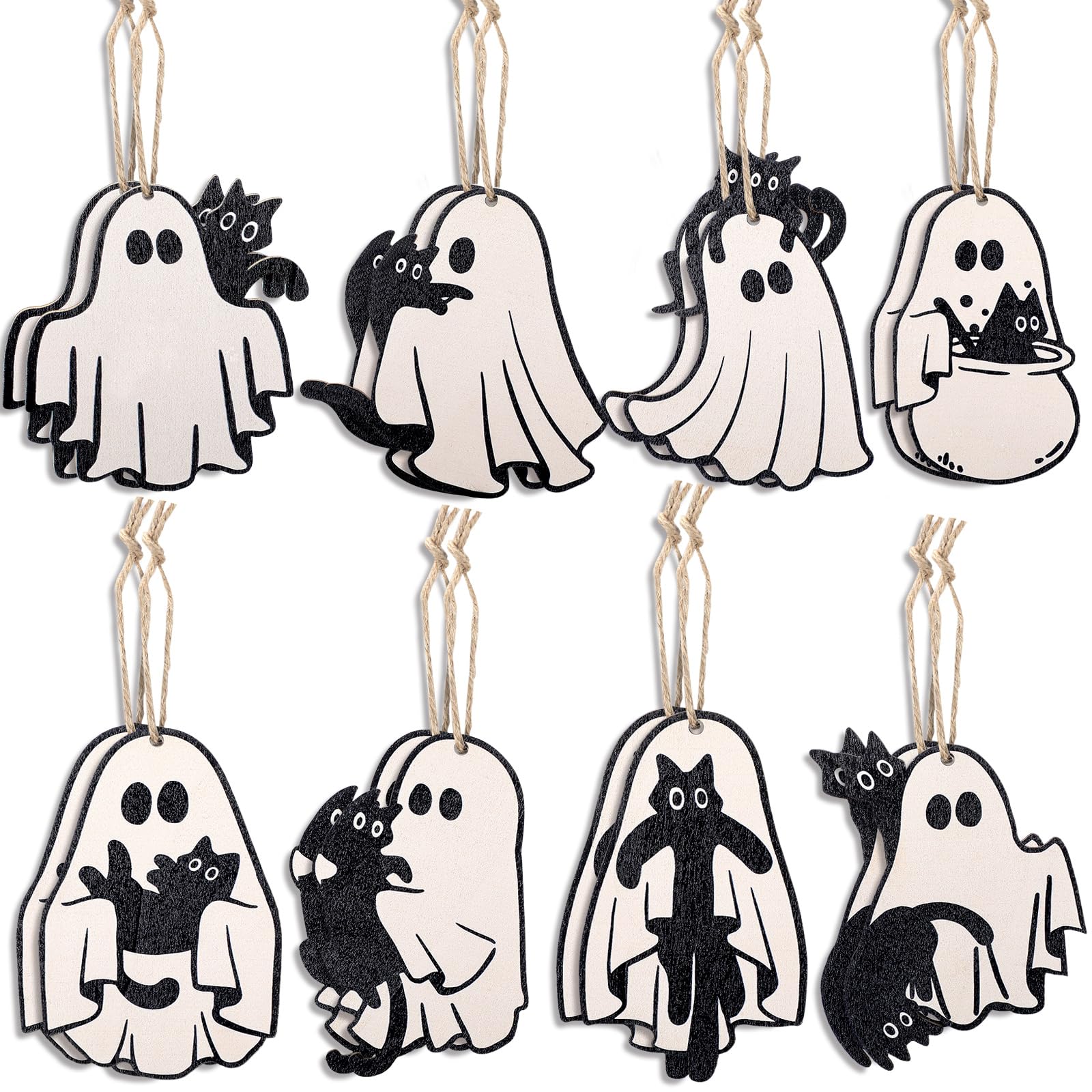Photo 1 of ***8 INCLUDED***Leinuosen 24 Pcs Ghost Cat Wood Hangings Ornament Set with Hemp Rope Ghost Kitten Statue Cat Memorial Gift Holiday Decoration Supplies for Halloween Event Party***8 INCLUDED***