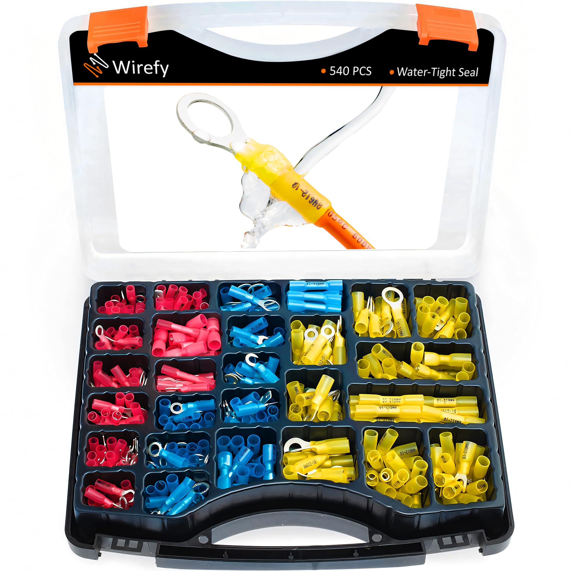 Wirefy Heat Shrink Wire Connectors Kit - Marine Grade Electrical Connectors - Automotive Butt Connectors - Insulated Ring, Spade, Fork, Hook Crimp Terminals - 22-10 Gauge - 540 PCS