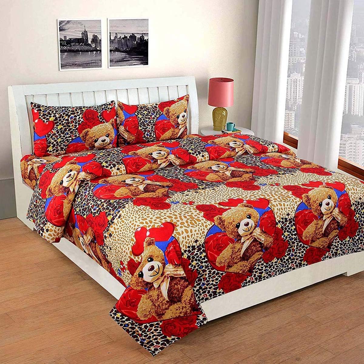Ellonia® 3D Printed Multicolor Poly Cotton 144 TC 3Pc Bedding Set of 1 Double Bed Bed-Sheet (90x90 Inches) with 2 Pillow Covers (20x28 Inches) 3D40