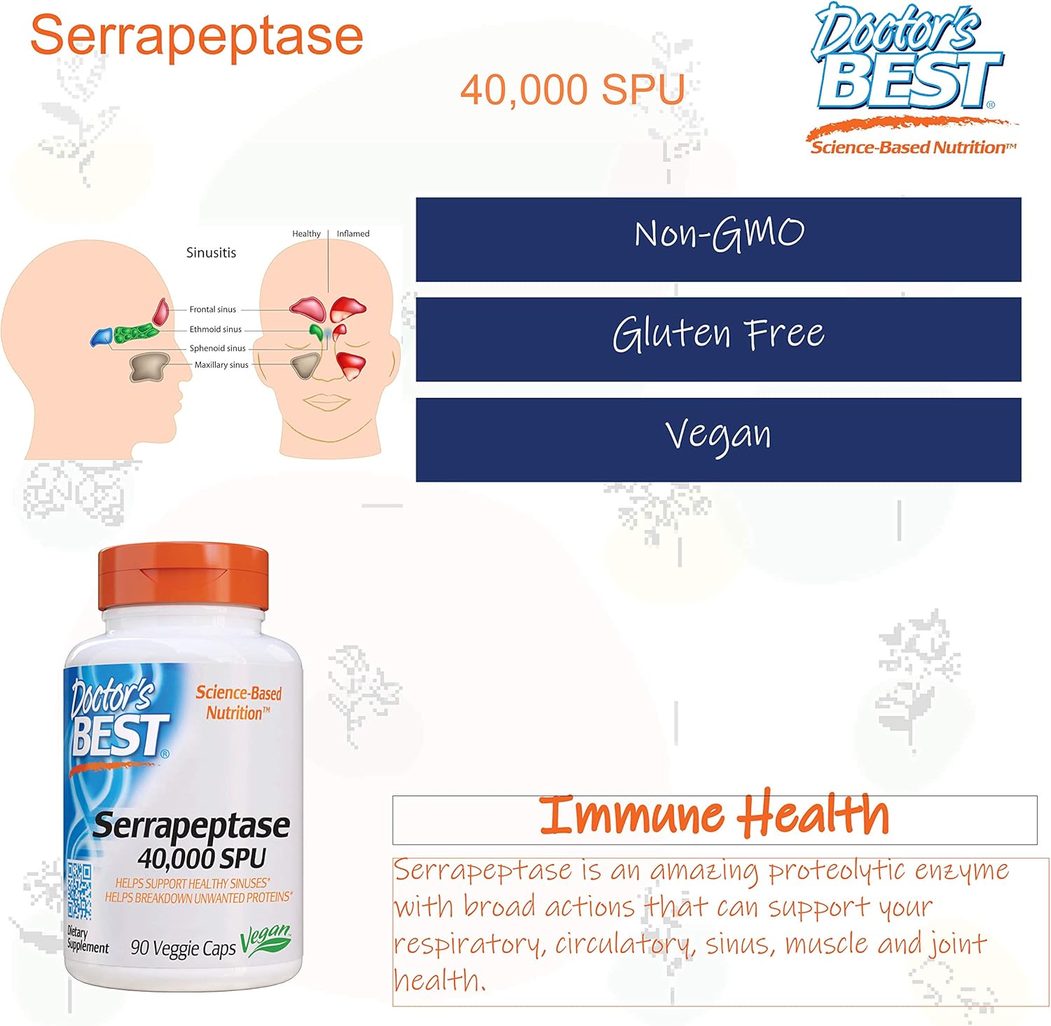 Doctor's Best Serrapeptase, Non-GMO, Vegan, Gluten Free, Supports Healthy Sinuses, 40,000 SPU, 90 Count (Pack of 1): Health & Personal Care