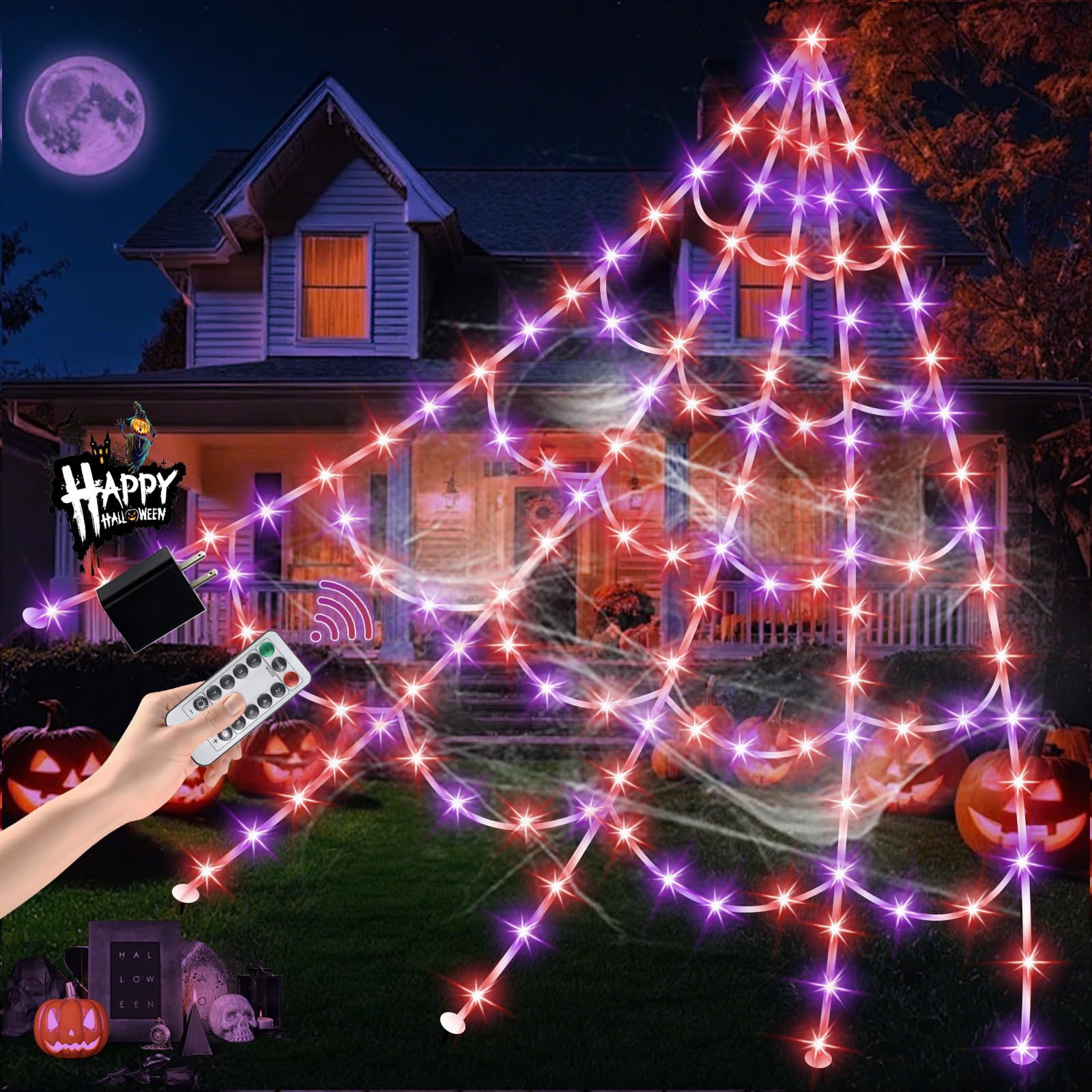 Photo 1 of Halloween Spider Web Lights 550 LED Lighted Spider Web 16.4Ft Giant Halloween Decorations Light up with 8 Lighting Modes Waterproof & Timer for Indoor Outdoor House Haunted Yard Décor, Purple & Orange