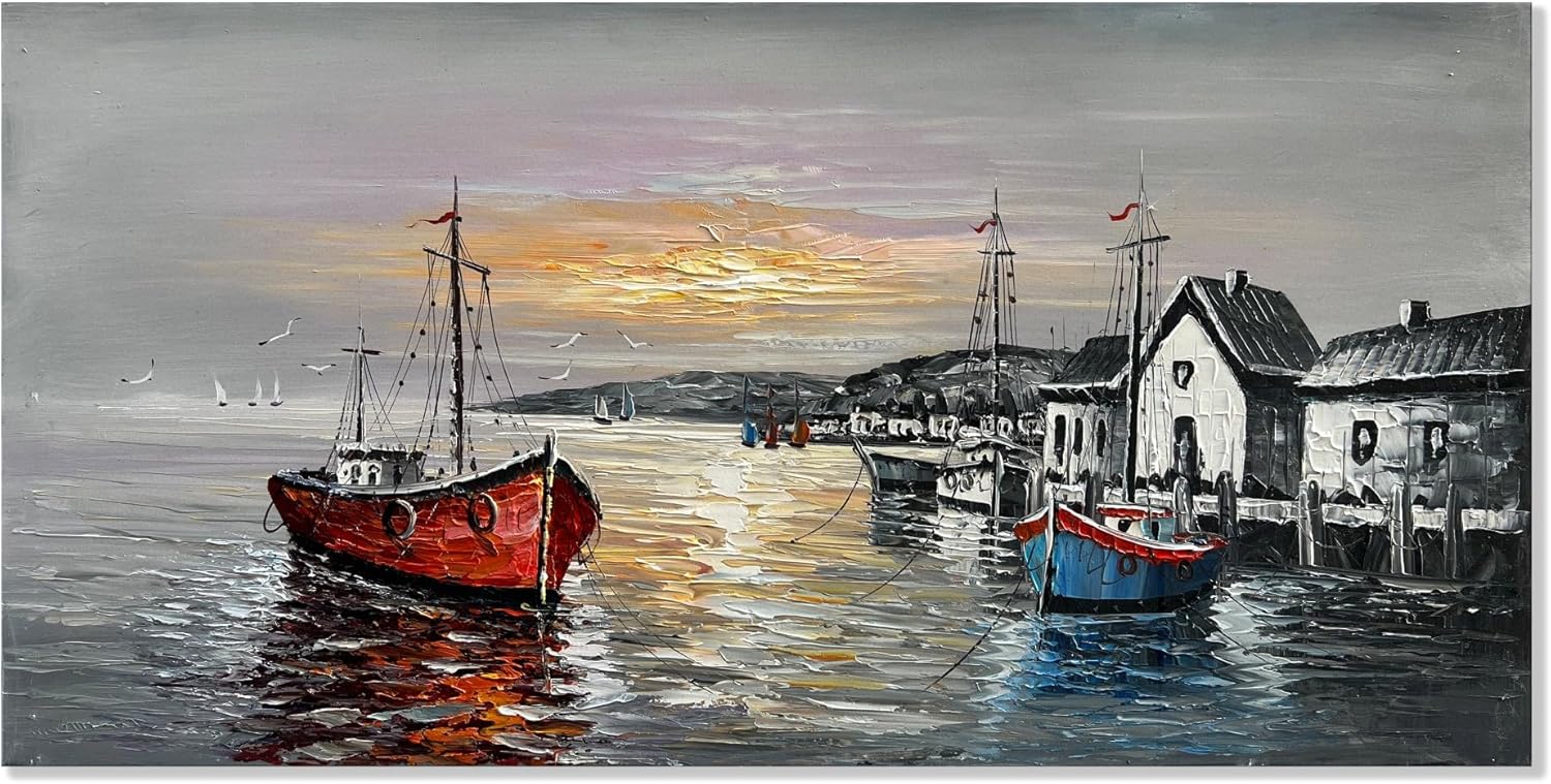 Paintings - zoinart Fishing Boat Wall Paintings Abstract Large Canvas Wall Art Colorful Sailboat Artwork Seascape Pictures Living Room Bedroom Wall Decor