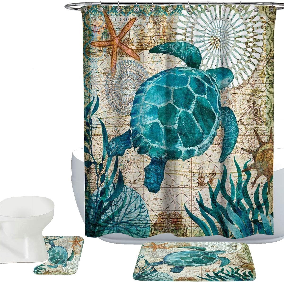 Amagical Sea World Sea Turtle Pattern 15 Piece Bathroom Mat Set Shower Curtain Set Bathroom Mat Carpet Contour Mat Fabric Shower Curtain with 12 Hooks