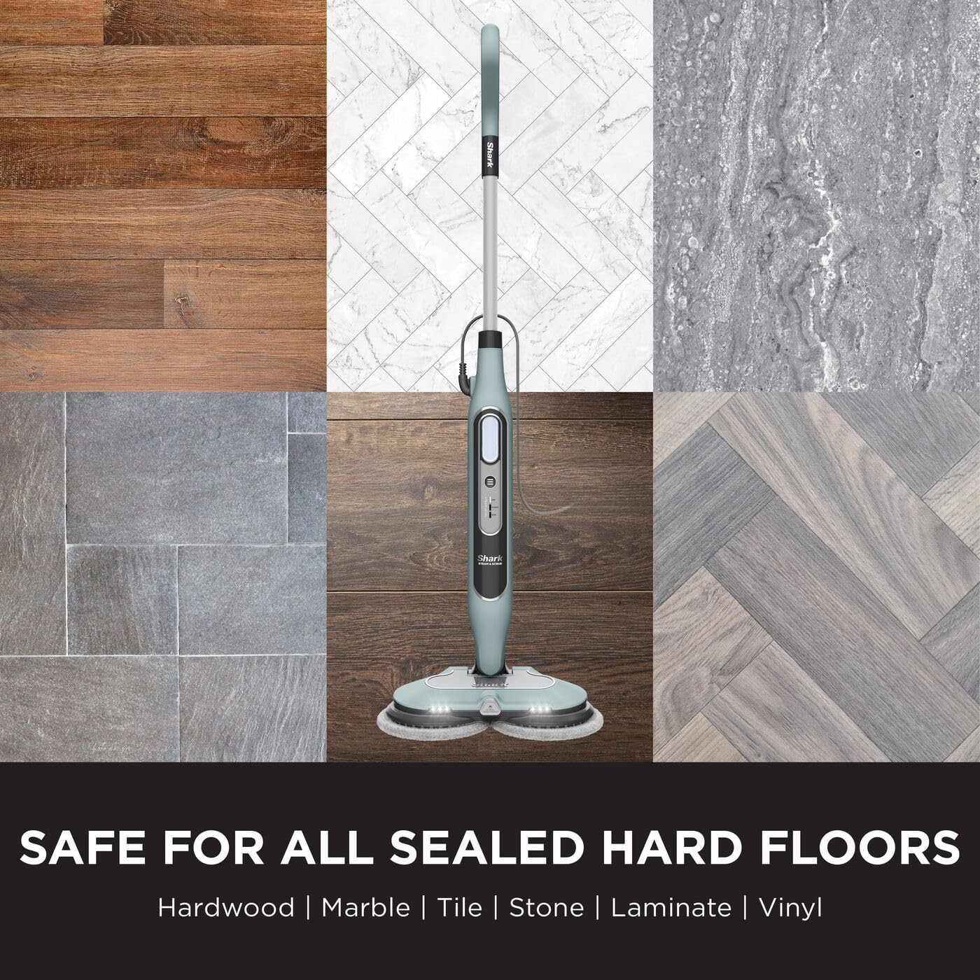 Shark Steam Mop, Automatic Steam and Scrub Steam Mop with Steam Blaster & 6 Dirt Grip Pads, 3 Steam Settings, Stain & Dirt Removal, For all Sealed Hard Floors, 8m Cord, Sage Green, S8201UKCP