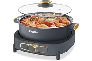 Dezin Electric Shabu Shabu Pot with Removable Pot, 5L Non-Stick Hot Pot Electric with Multi-Power Control, 3.7" Depth Electric Pot with Tempered Glass Lid for Party, Family and Friend Gathering