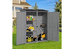 Gizoon Outdoor Storage Cabinet with Waterproof Roof, Double Lockable Doors Garden Shed with 2 Removable Shelves, Wooden Storage Shed with Large Storage Space for Patio, Garden, Backyard, Lawn, Grey