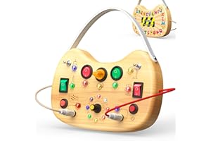 UdoUto Montessori Wooden Busy Board for Toddlers with LED Light Lights & Switches,Portable Activity Board for Car & Airplane Travel Toys, Christmas & Birthday Gift for 1-3 Year Old Boys & Girls