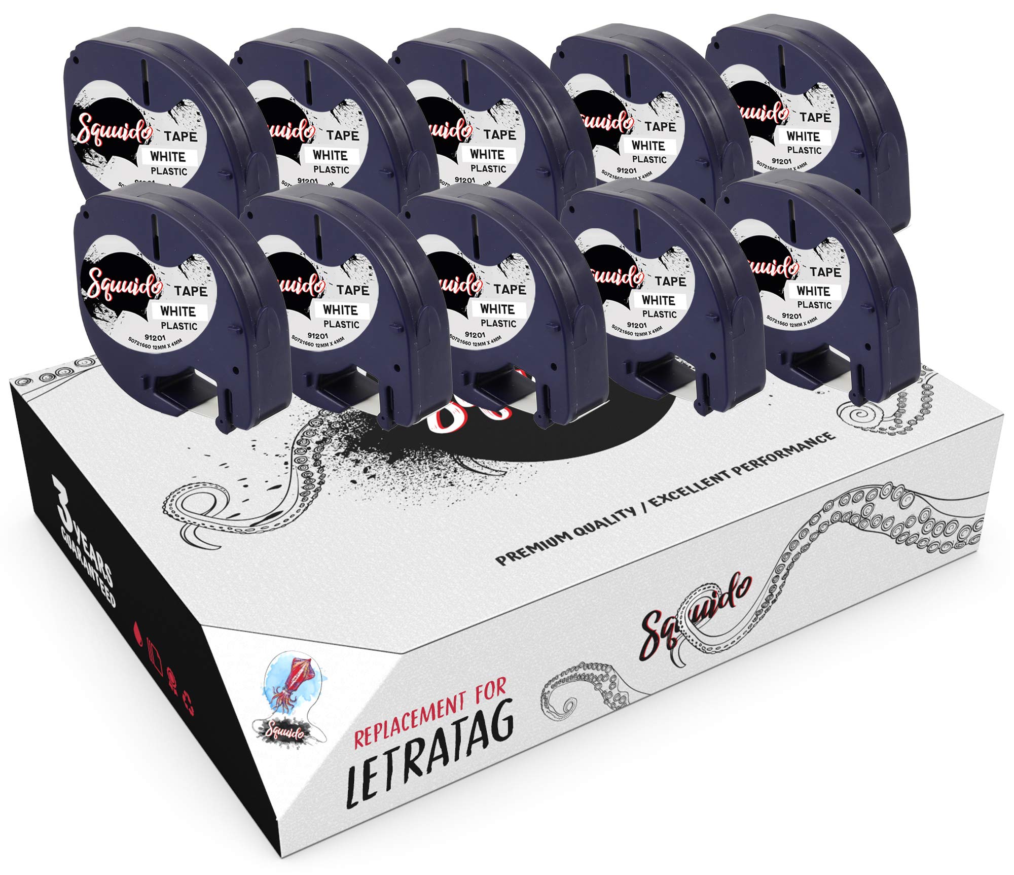 Squuido 10 Black on White Plastic Tapes 12mm x 4m Compatible with LetraTag LT-100H LT-100T LT-110T Plus 2000 QX50 XR XM