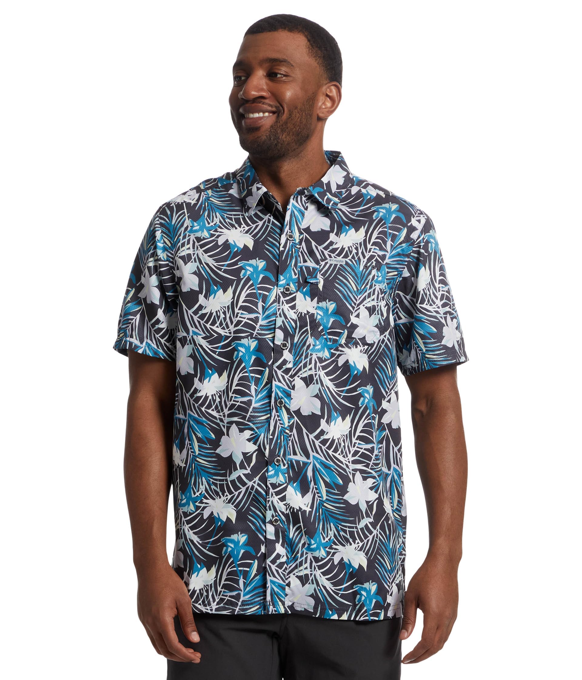 Columbia Mens PFG Super Slack Tide Camp Shirt, Shark Tropicfield, X-Large