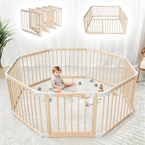 Laufstall Baby, Laufgitter Baby aus Holz, faltbar mit Tür & Sicherheitsverschluss, individuell formbarer Krabbelgitter Absperrgitter für Babys & Kleinkinder(141 * 141 * 61 cm)