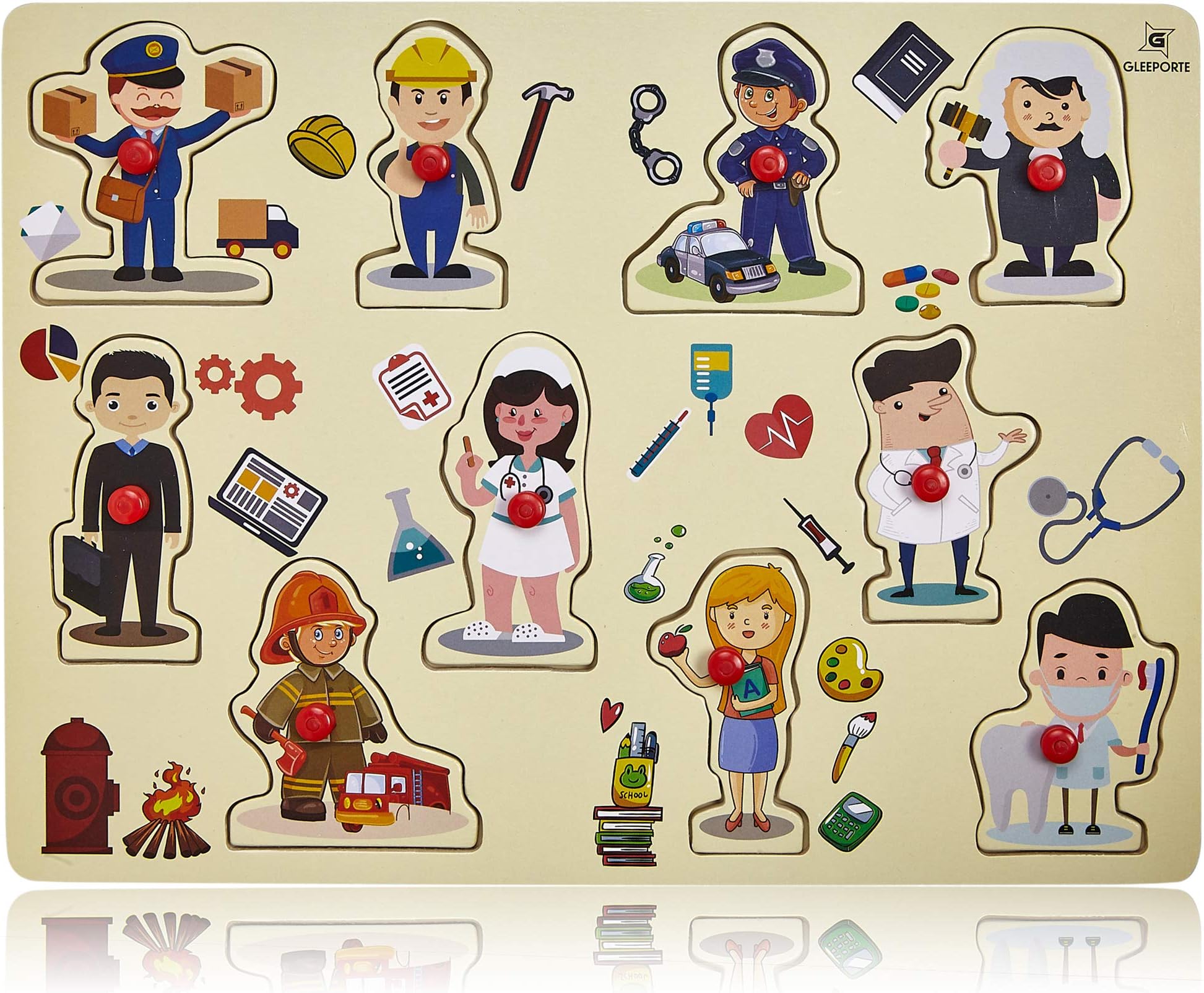 Wooden Peg Puzzle, Profession Theme - Learning Educational Pegged Puzzle for Toddler & Kids (10 pcs) Gleeporte