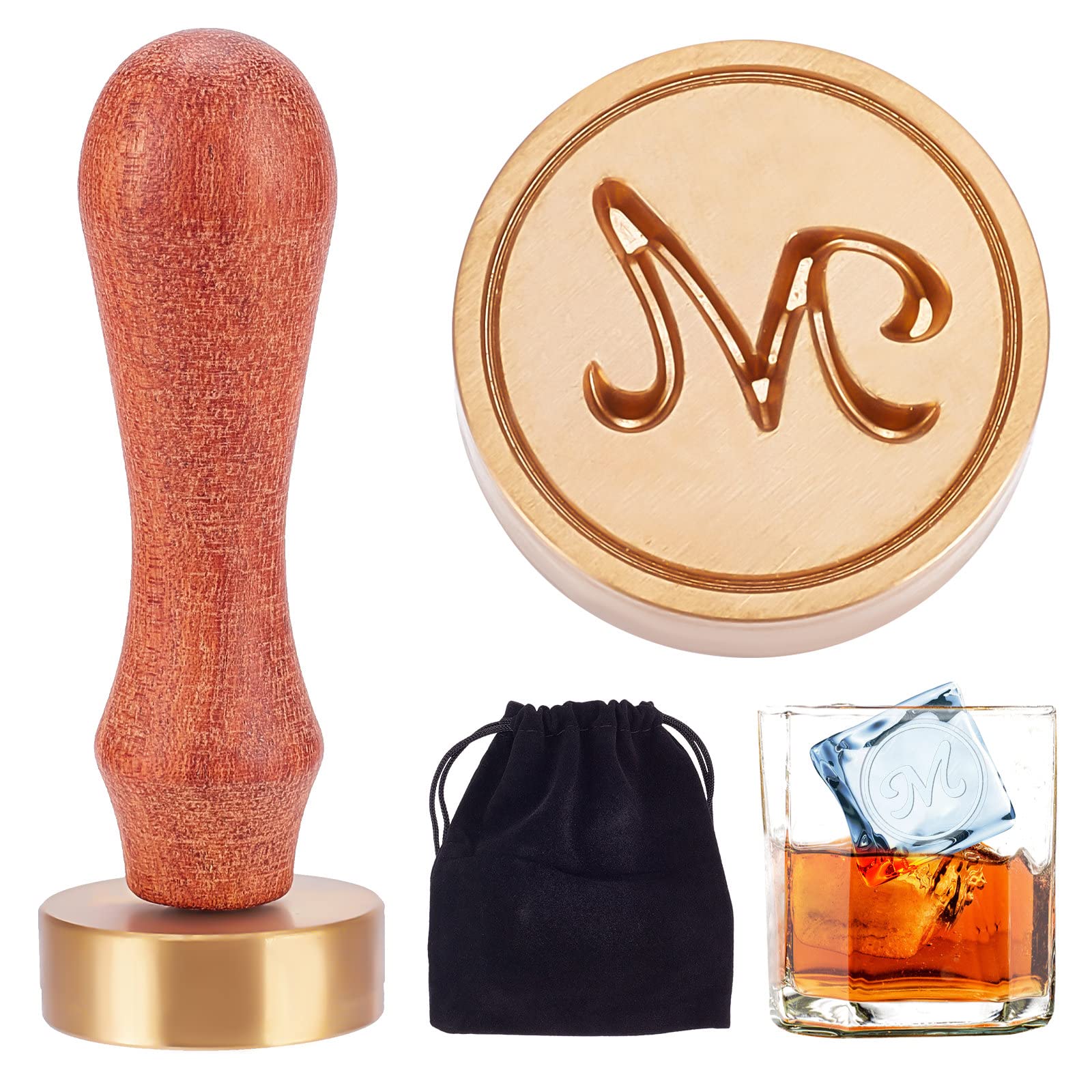 CRASPIRE Ice Cube Mould Initials M Stamp Drinking Making Tool Press Brass Head with Removable Wood Handle and Velvet Pouches for Whisky Cocktail Drinks