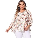 Agnes Orinda Women's Plus Size Tops V Neck Babydoll Flowy 3/4 Lantern Sleeve Floral Spring Summer Blouses