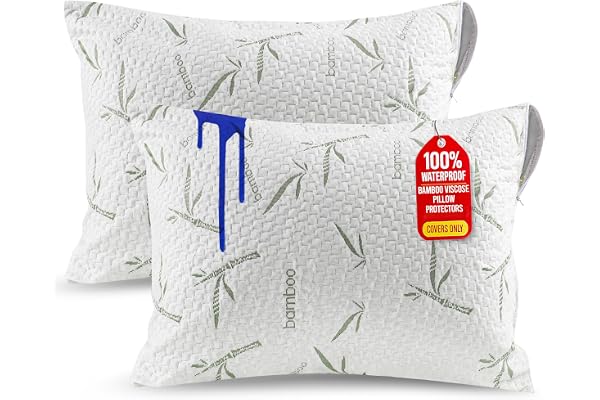 Utopia Bedding Bamboo Viscose Waterproof Pillow Protector Zippered (2 Pack) Queen – Bed Bug Proof Pillow Encasement 20 x 28 I