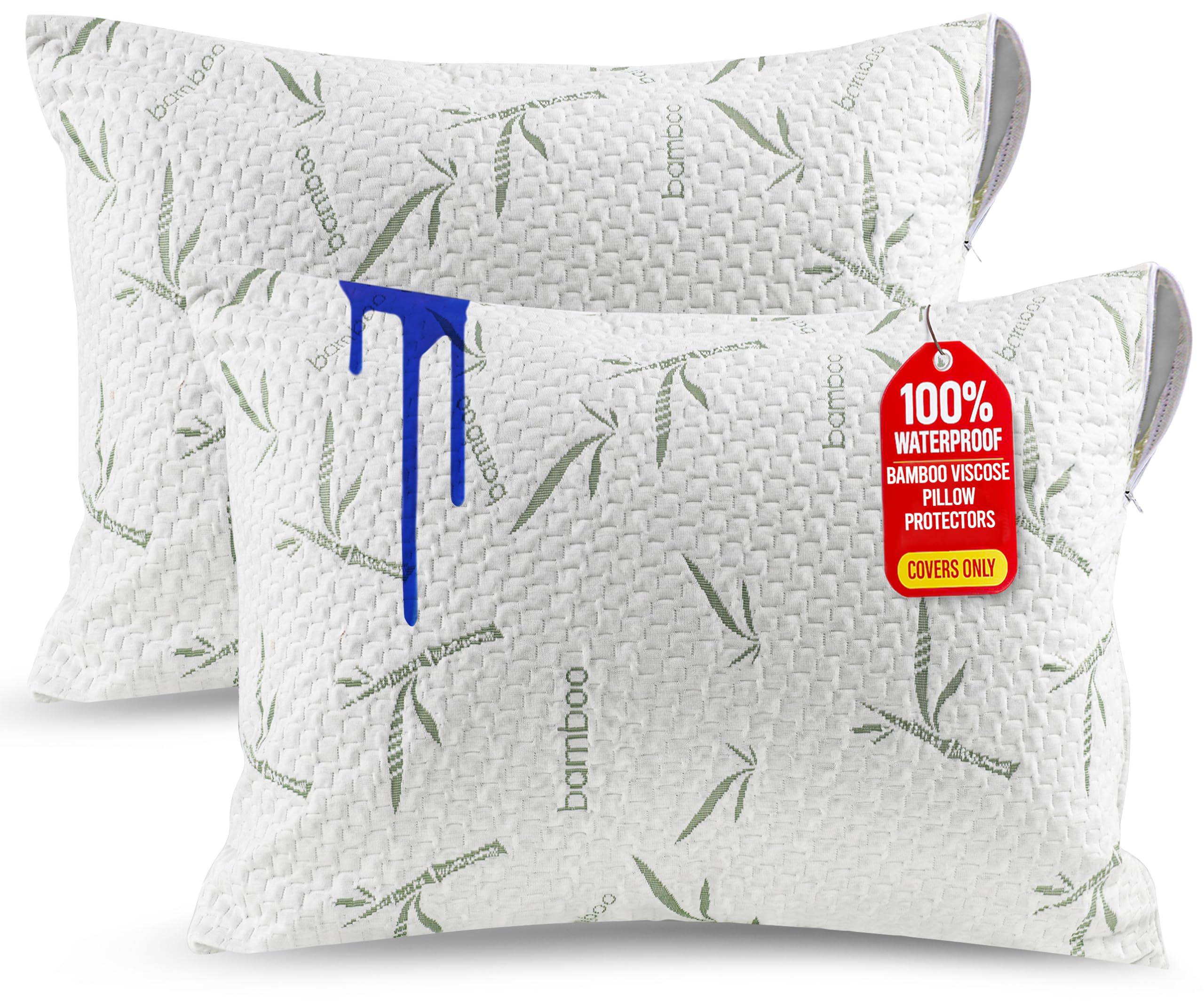 Utopia Bedding Waterproof Pillow Protectors with Zipper Queen Size (2 Pack), Soft and Cooling Bamboo Viscose Pillow Covers, Bed Bug Proof Pillow Encasements 20 x 28 Inches
