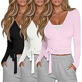 Oakgarden 3 Pack Women's Tie Wrap Tops, Long Sleeve Workout Ballet Yoga Pilates Shirts Deep V Neck Tie Front Y2k Blouses