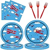 96 Pcs Airplane Party Decorations Tableware Set for Boys Girls Kids Baby Shower Includes Plates Napkins Forks Cartoon Airplane Themed Birthday Theme Party Supplies for 24 Guests
