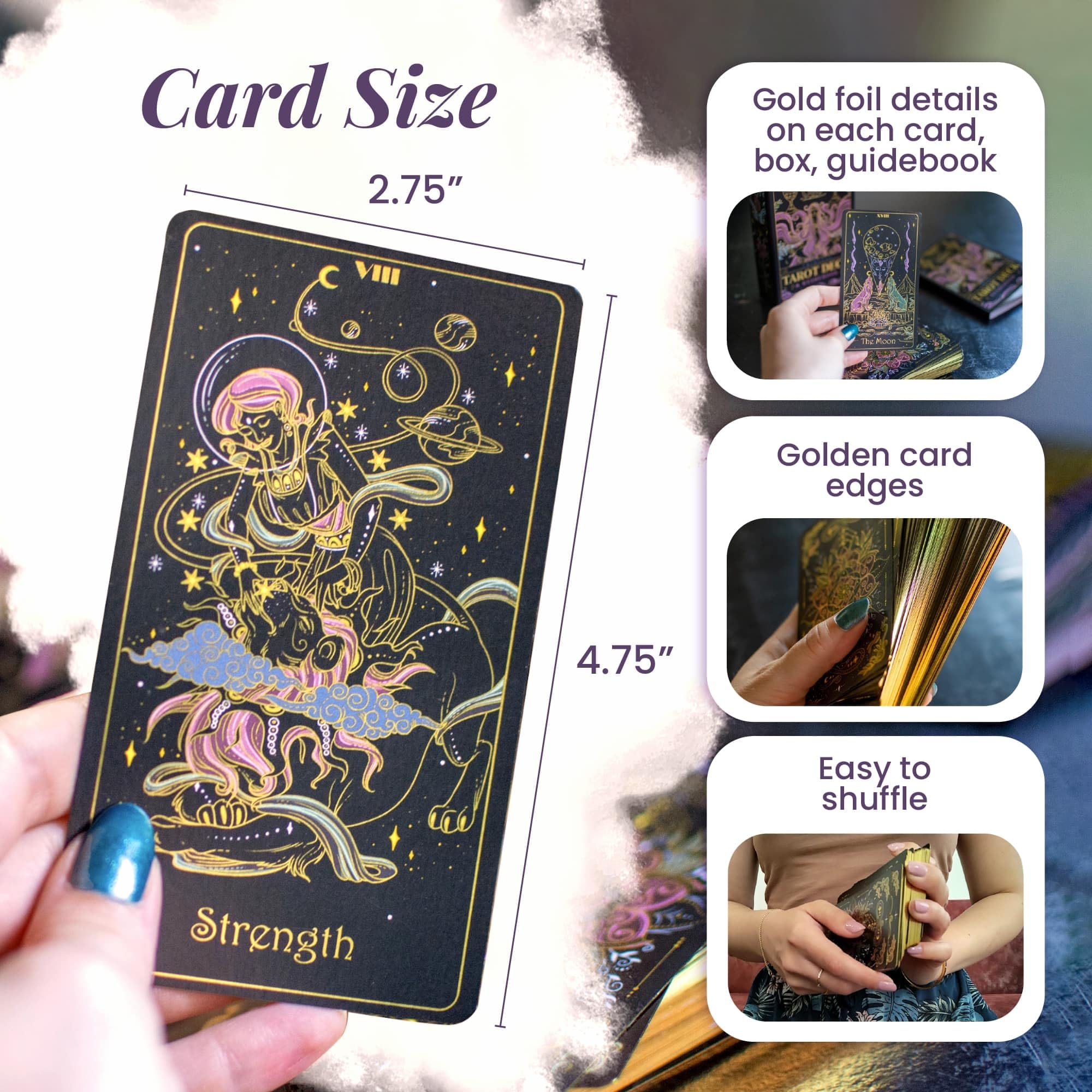 Calmoura Tridevia Tarot Cards with Guide Book (78 Cards) — Rider-Waite Inspired Tarot Deck with Meanings for Beginners and Experts — Intricate Golden Details and Luxurious Gilded Edges