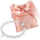 Baby Crystals Sterling Silver Cross Charm White Pearl Bracelet for Girl infant and Newborn Baby's Baptism Gifts for Toddler Baby Girl or Boy Elegant Baptismal Keepsake Girls Jewelry, Birthday Gifts