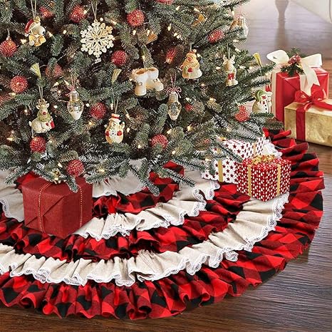 falda para arbol de navidad aerwo buffalo a cuadros de 48 pulgadas 6 capas con volantes rojo y negro falda de arbol de navidad para decoraciones