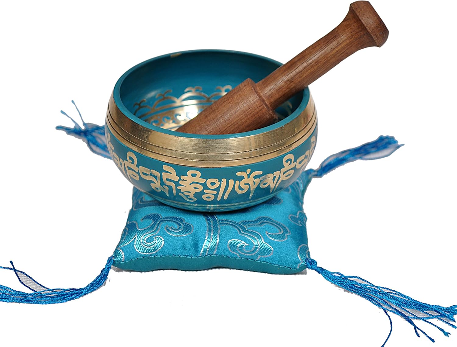 Tibetan Singing Bowl Set By Dharma Store - With Traditional Design Tibetan Buddhist Prayer Flag - Handmade in Nepal (Turquoise) - Image 4