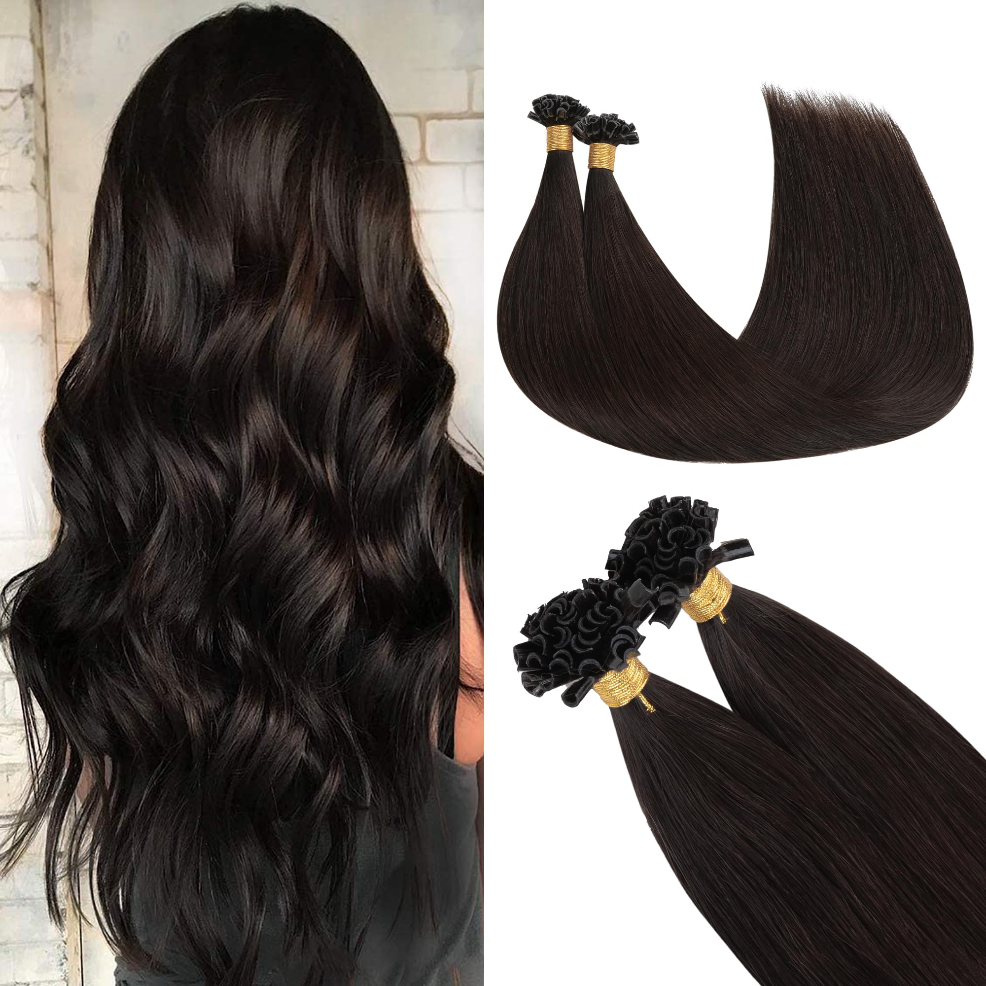 GOO GOO U Tip Hair Extensions Real Human Hair,Dark Brown 50g 16inch 50 Strands Hot Fusion Keratin Hair Extensions, Straight — image 1