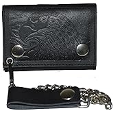 Trifold Biker's Large Wallet ID Card Holder With Chain Genuine Leather