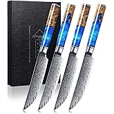 SENKEN Damascus Steak Knife Set - Tsunami Collection - 67-Layer Japanese VG10 Steel - Razor Sharp Non-Serrated Blades, Blue Resin & Natural Wood Pattern Handles, Luxury Gift Box (4 Steak Knife Set)
