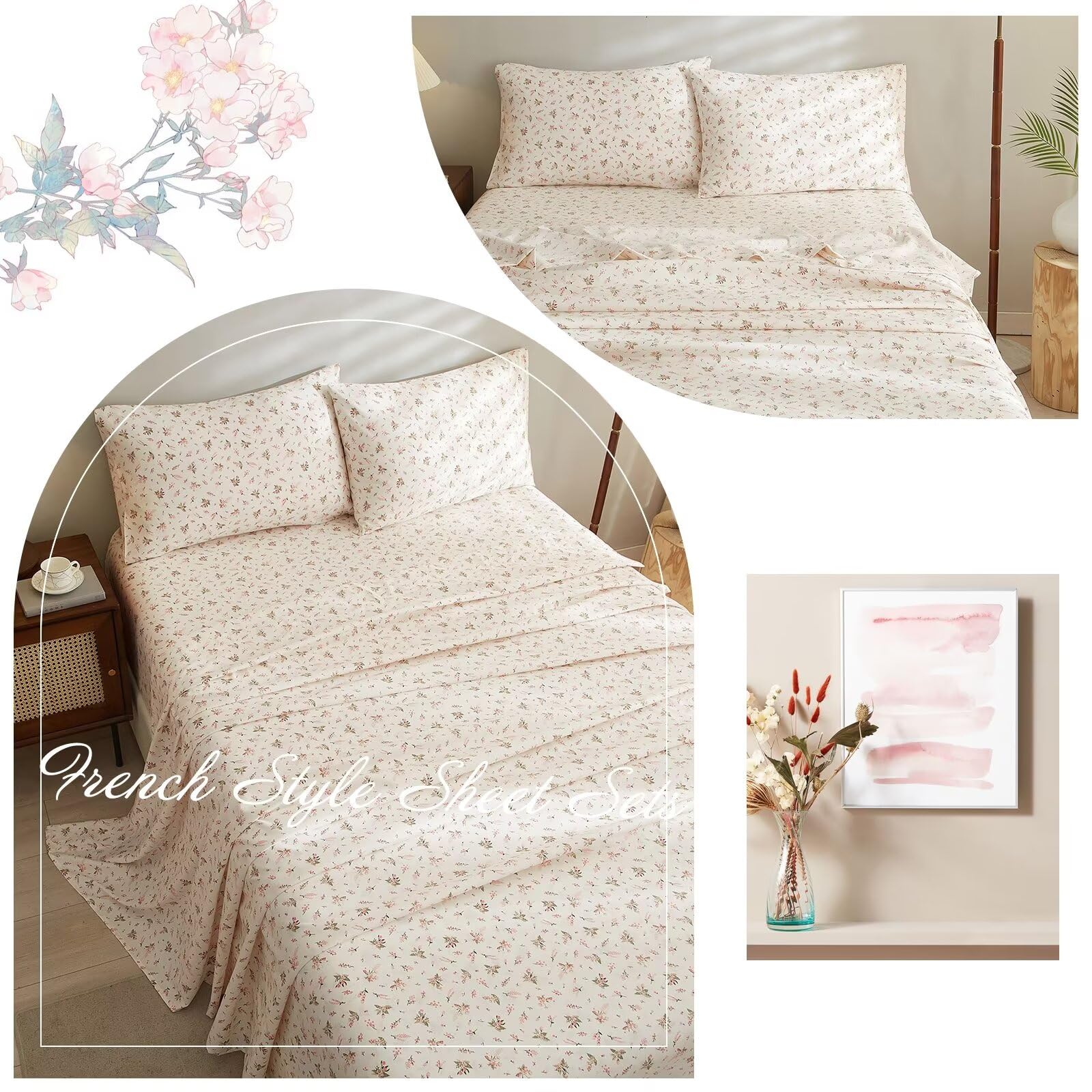 VClife Floral Sheet Sets Queen - Pink Bed Sheets