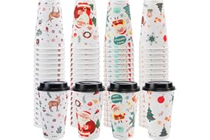 Clawsoff 100 Pack Christmas Coffee Cups with Lids 16oz, Disposable Insulated Ripple Wall To Go Paper Coffee Cups for Hot/Cold Drinks Office Home Shop Event (Colorful)