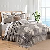 QuiltMuse Farmhouse Bedspread King Size 120"x120" - 100% Cotton Lightweight Oversized King Quilt with 2 Pillowshams, Cottage Plaid King Quilted Bedding Bed Spreads Coverlet, Brown/Beige/Khaki