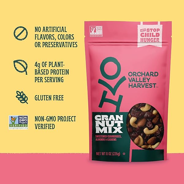 ORCHARD VALLEY HARVEST CRAN NUT TRAIL MIX, 1OZ NAGS (PACK OF 8), SWEETENED CRANBERRIES, ALMONDS, CASHEWS, GLUTEN FREE, TRAIL MIX INDIVIDUAL PACKS, SNACKS FOR ADULTS, 4G PLANT BASED PROTEIN PER SERVING