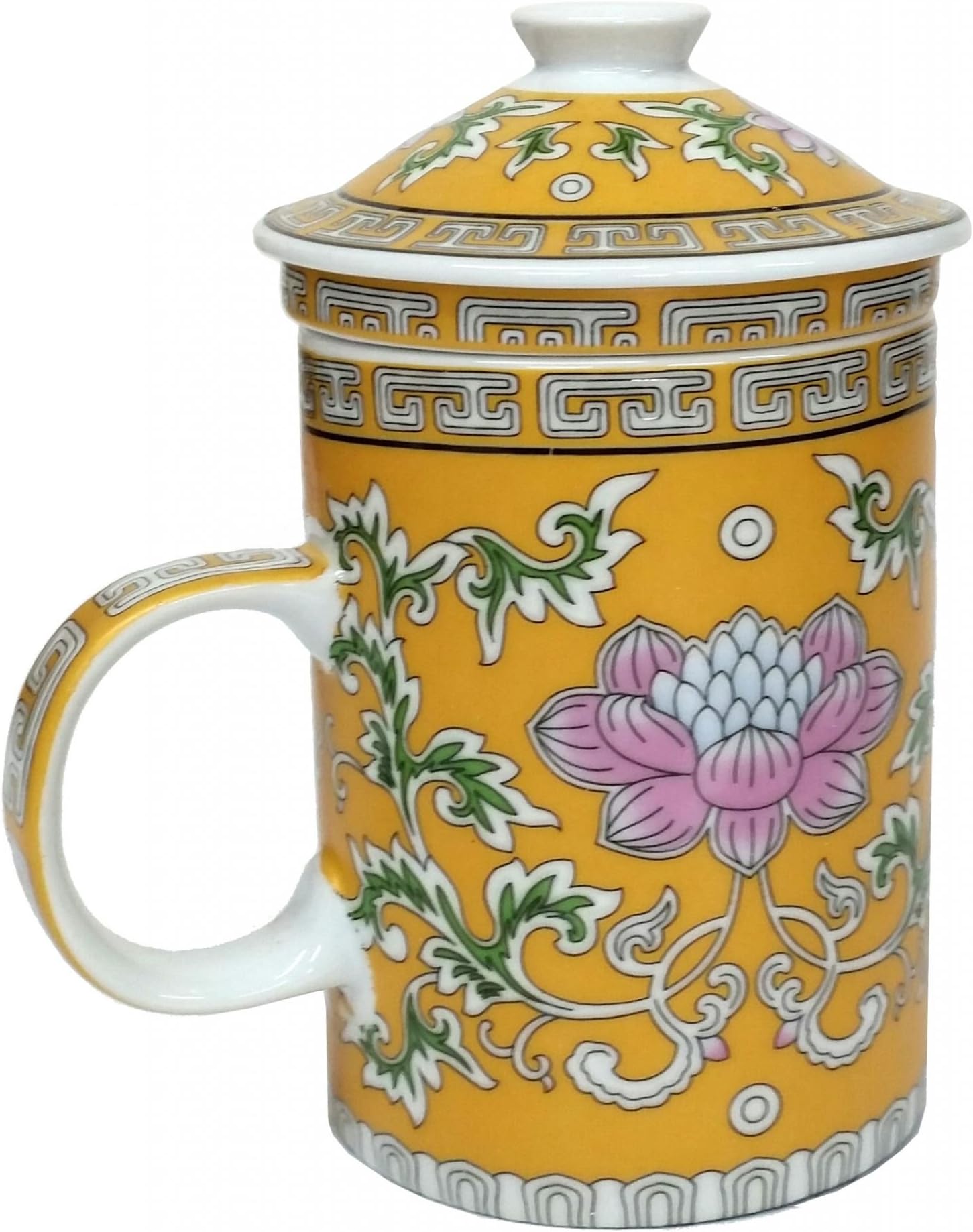 FSH254G Feng Shui Chinese Porcelain Mug Tea Cup with Lid: Lotus Gold