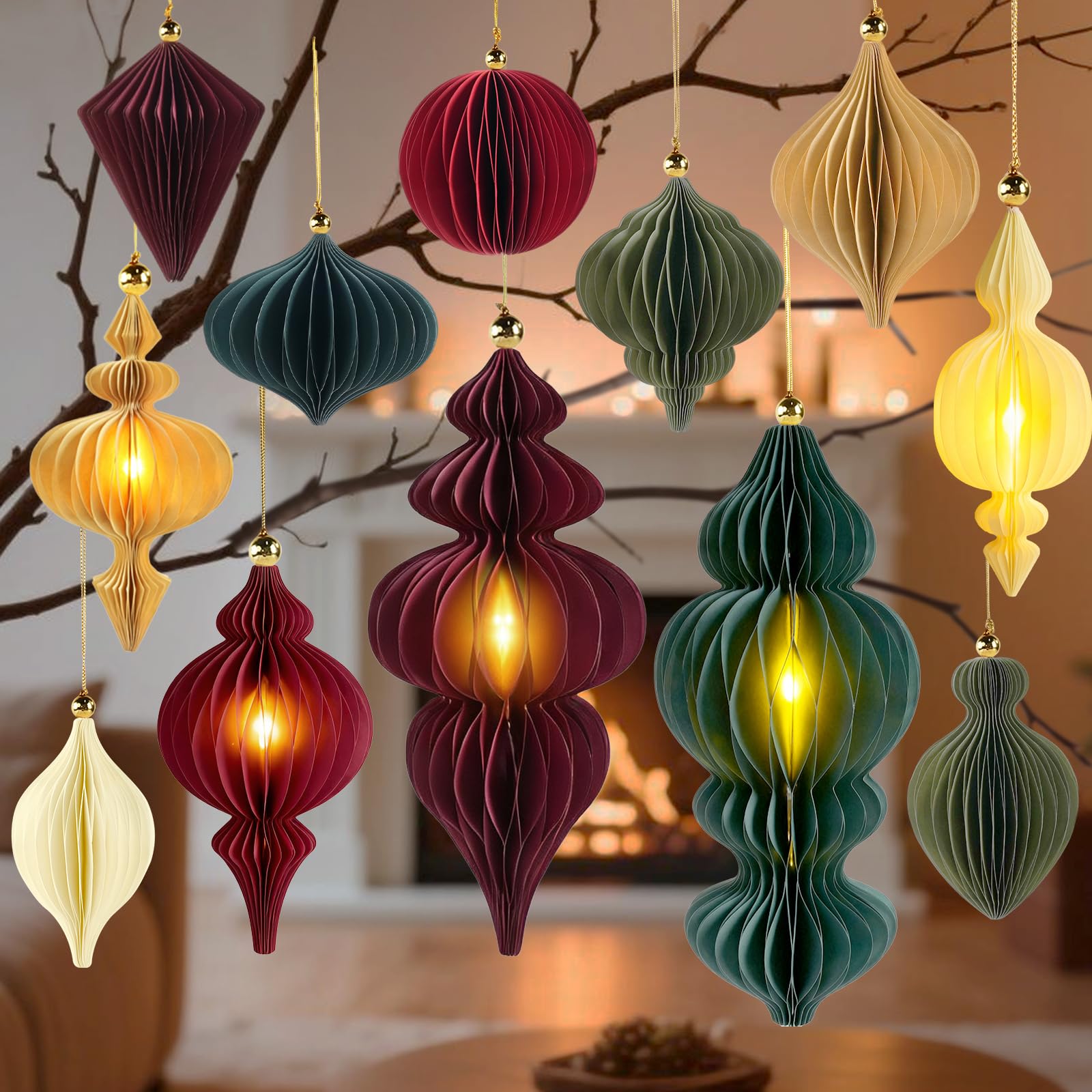 Photo 1 of ** PARTIAL SET** Large Paper Christmas Party Decorations, 12Pcs Honeycomb Paper Hanging Ornaments for Christmas Trees, 3D Vintage Light Up Finial Honeycomb Lantern Ornaments for Xmas Tree Winter Wonderland Party Decor