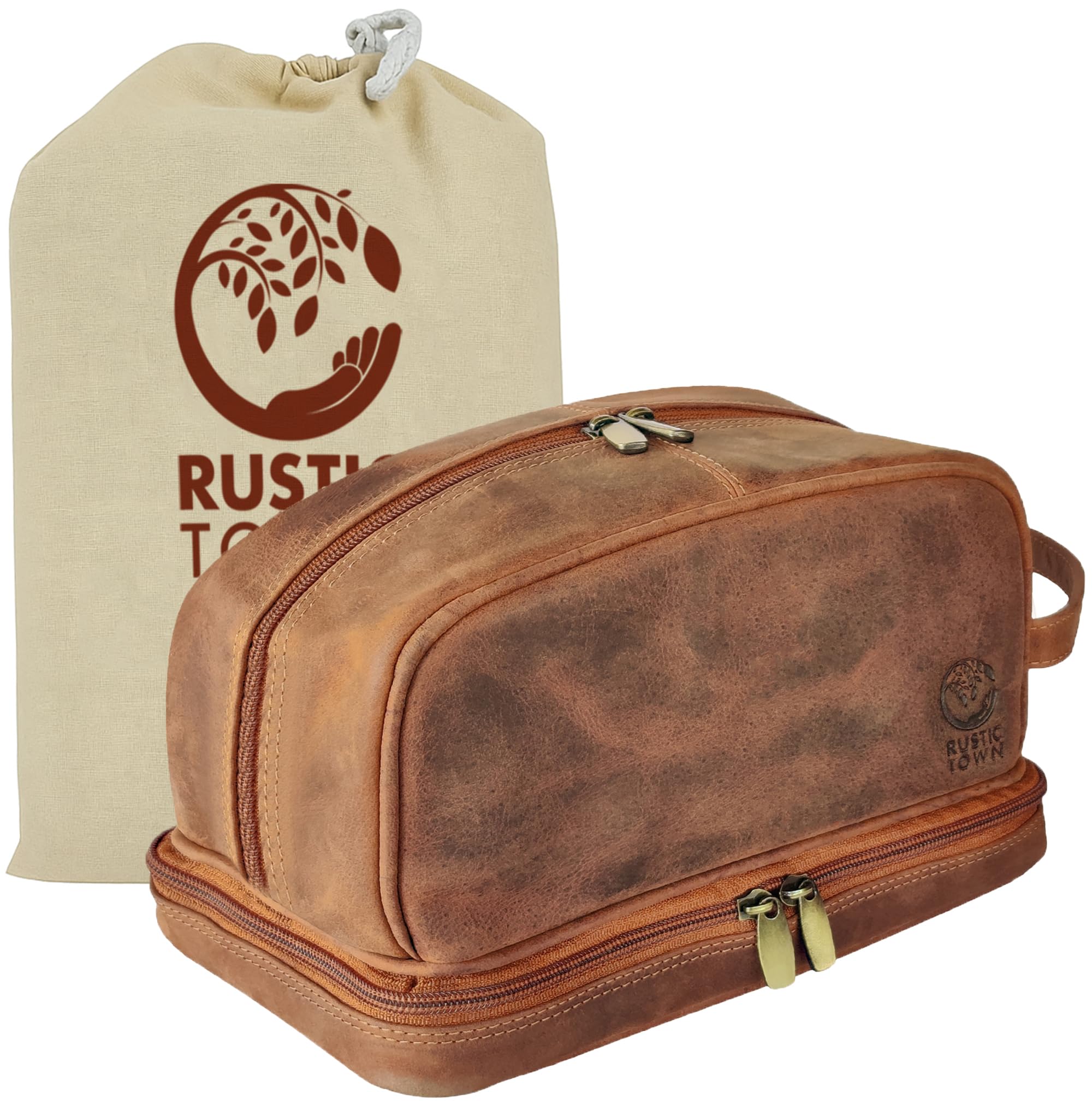 Leather Toiletry Bag for Men - Full Grain Leather Wash Bag - Travel Shaving Dopp Kit Toiletries Organizer - Cosmetic Makeup Bag for Women