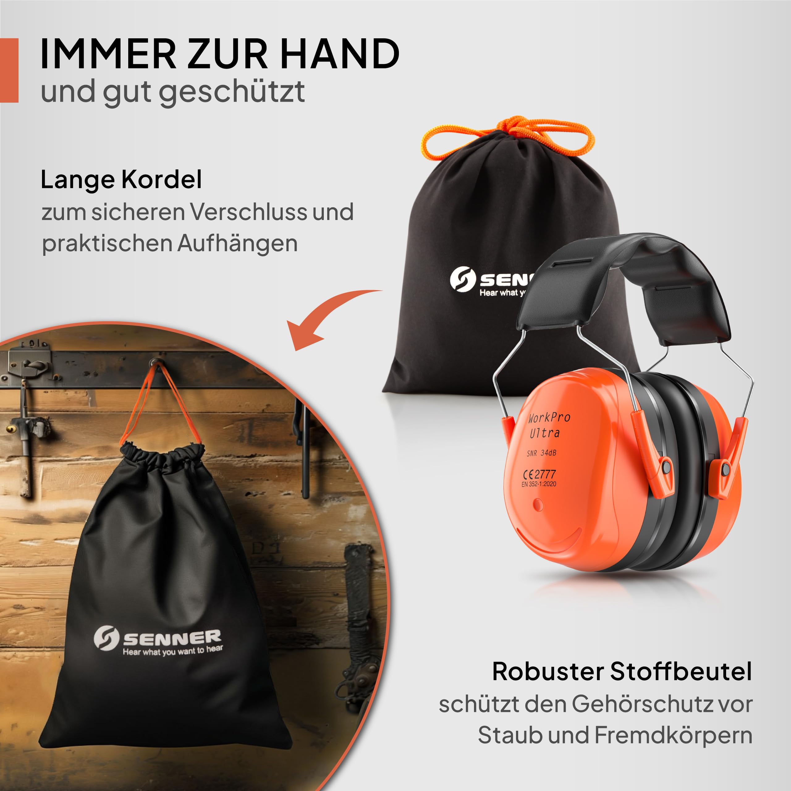 Senner ® WorkPro Ultra | Gehörschutz für Arbeit und Freizeit – Größenverstellbare Ohrenschützer - Hochwertige Lärmschutz Kopfhörer mit SNR von 34 dB - Kapselgehörschutz Schwarz/Orange - Unisex 7