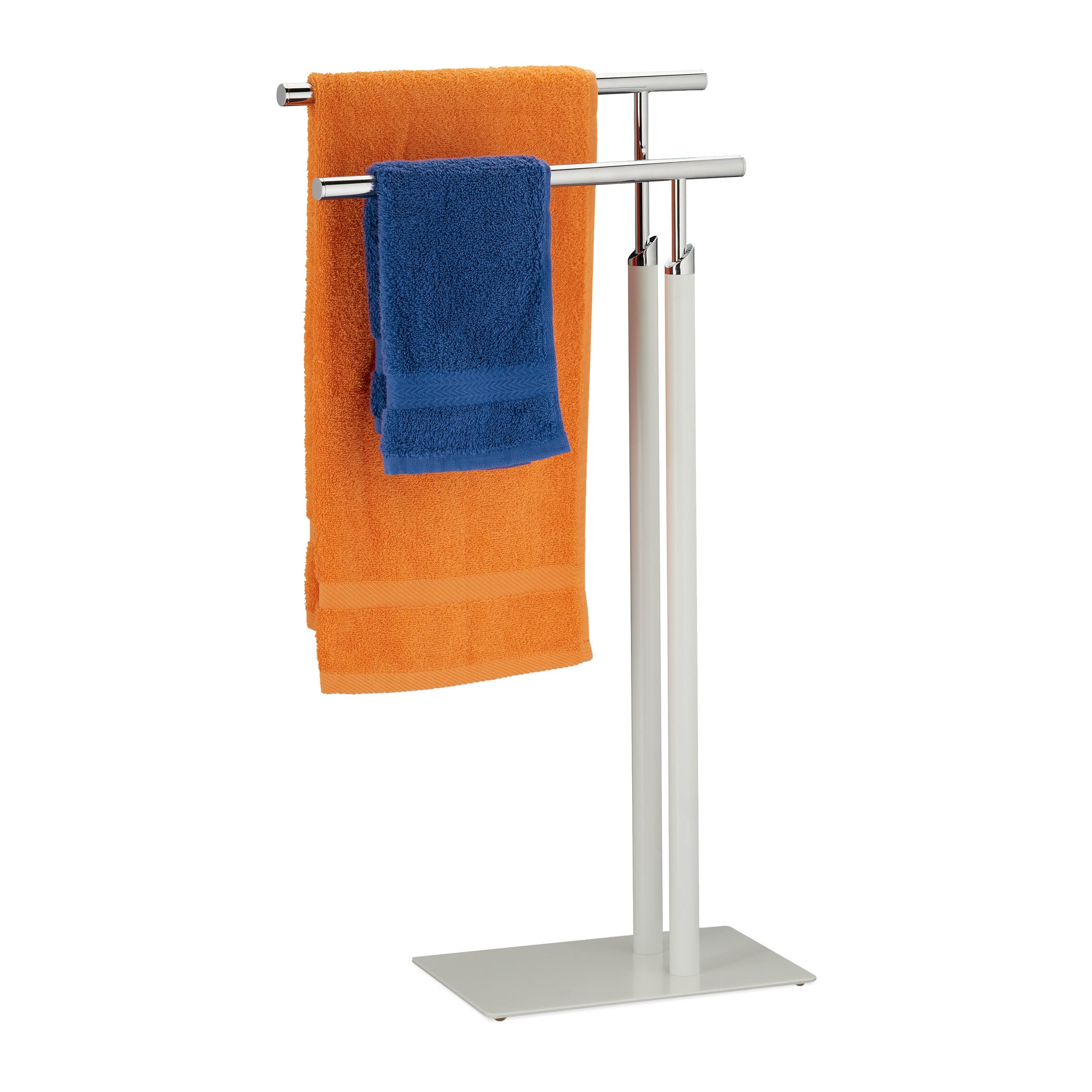 Relaxdays Free-Standing Towel Rack, 2 Rails, HxWxD 78 x 44 x 20 cm, Bathroom Stand, Clothes Valet, Steel, White/Silver