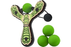 Mighty Fun! - Mischief Maker® Wooden Slingshot - Lil’ Monster Series - Real Wood Slingshot for Kids, 4 Soft Foam Balls and Storage Bag - Ages 4+ (Green)
