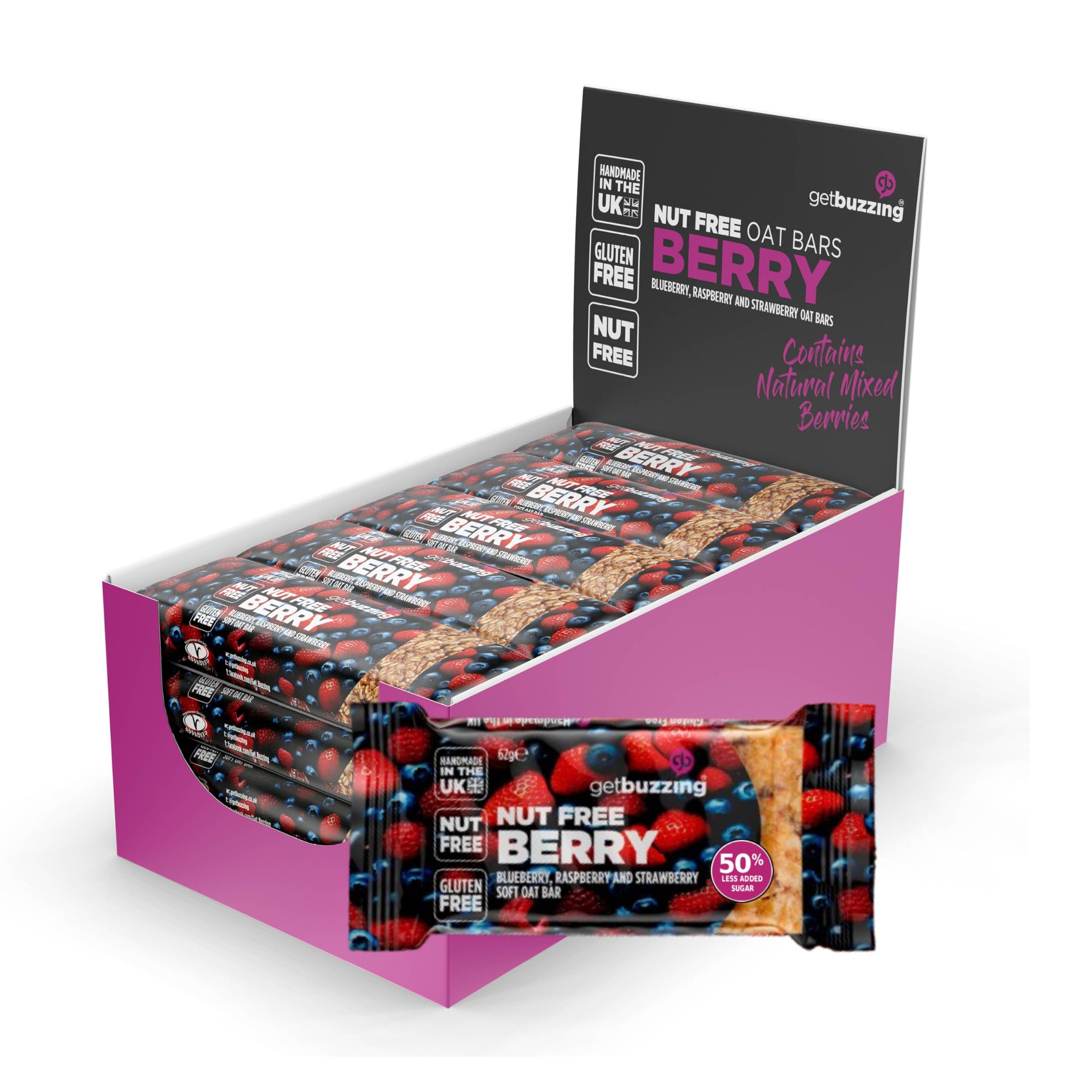 Getbuzzing Nut Free Oat Flapjack Bars with Nutrition Benefits – Gluten Free Healthy Endurance Snack with Natural Ingredients, High Fibre & School Safe – 20 x 62g Pack – Mixed Berry - Sports & Cycling