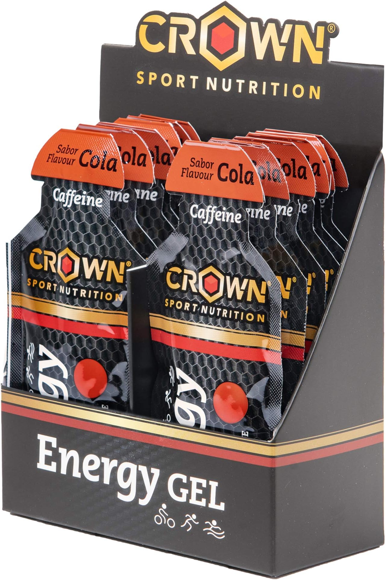 Crown Sport Nutrition - 12x Energy Gels (40g) + Caffeine with Liquid Texture, carbohydrates, aminoacids and Electrolytes, Cola Flavour