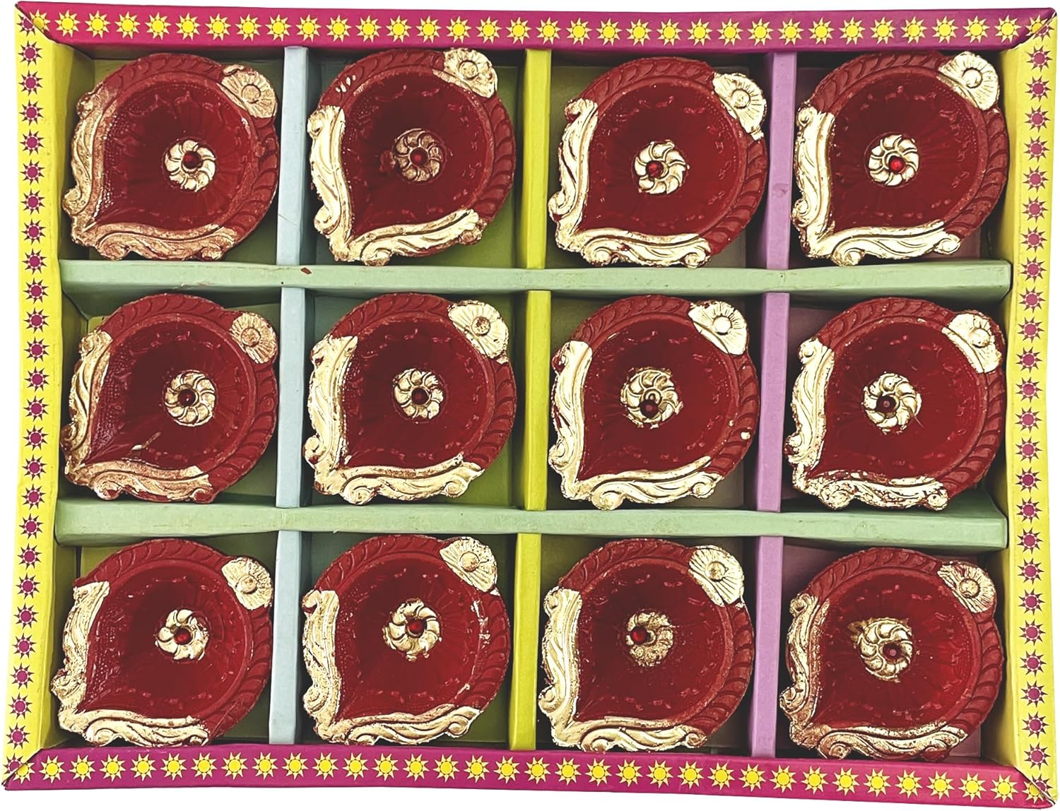 Oil Lamps & Accessories - KSJONE Colourful Diyas Diwali Diya - Earther Clay Diya Colorful Handmade - Diyas Diwali Gift Items for Family Friends Corporate -Diya for Pooja - Diwali Decoration (Design 3(12 Pcs))