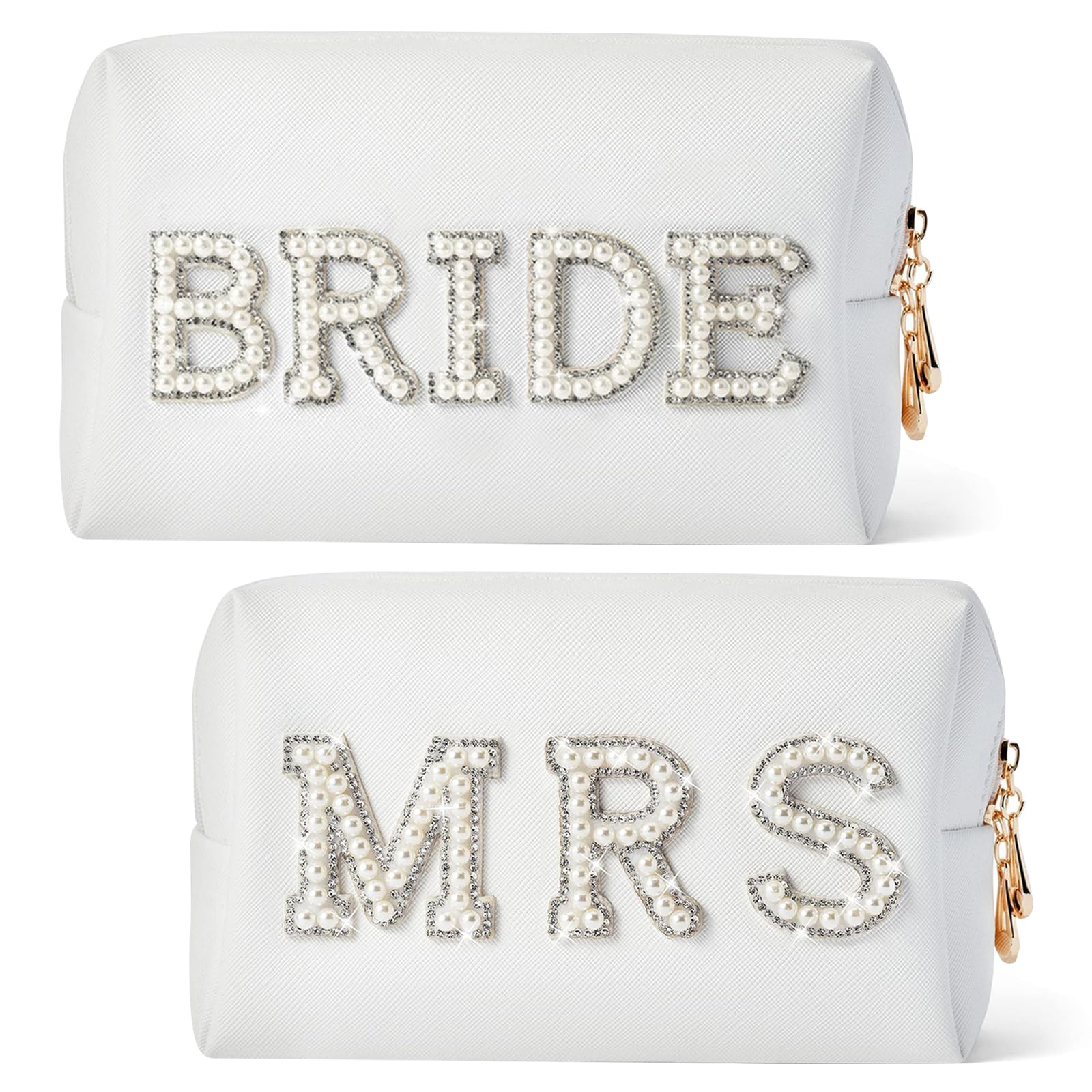 YONEEKSS 2 Pack Letter Makeup Bag Bride to be Cosmetic Bag Bling Pearl Rhinestone Patch Cosmetic Bag Travel Toiletry Bag for Wedding Bachelorette Party Bridesmaid Honeymoon for Women