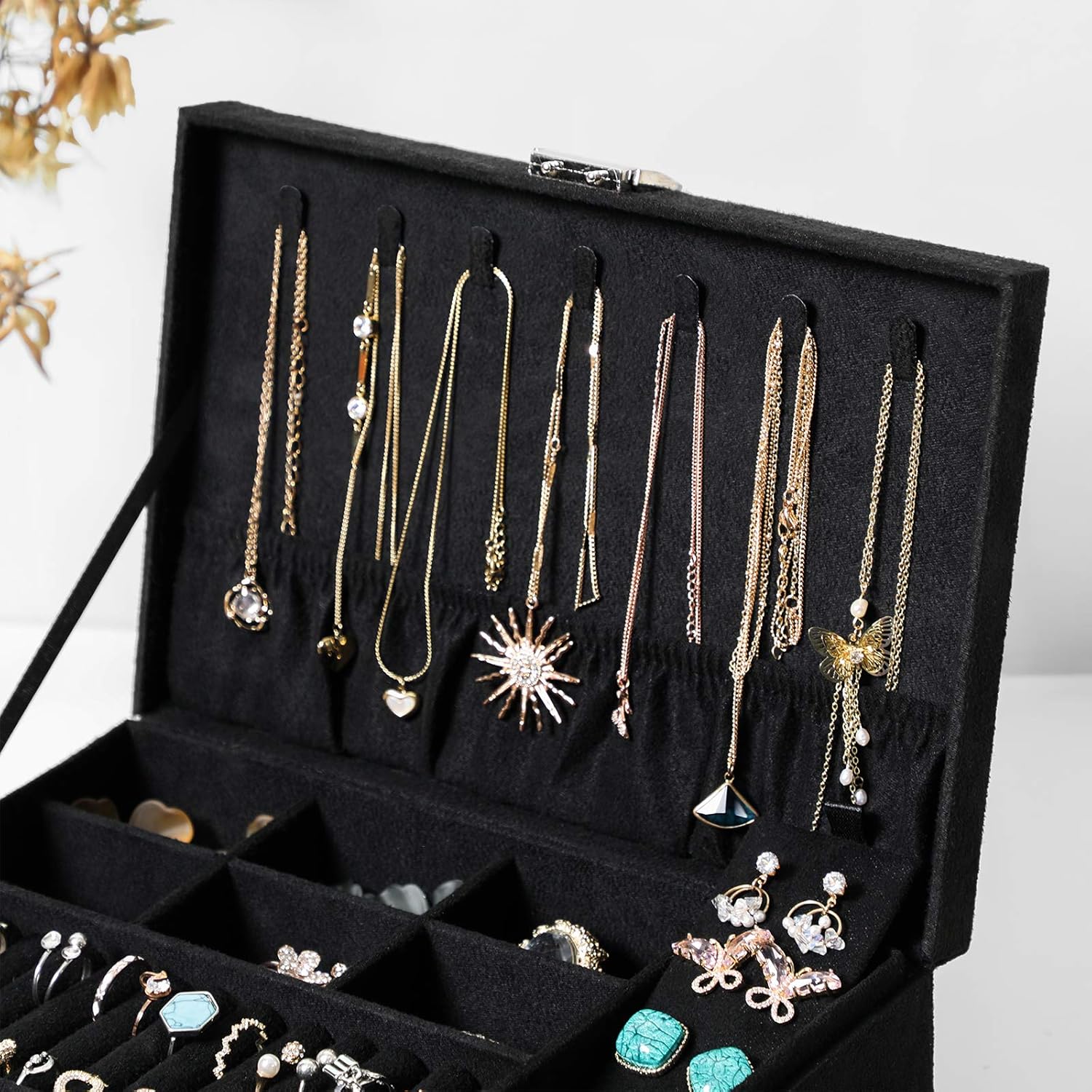 SONGMICS 2-Tier Jewelry Case with Drawer, Key, Necklace Hooks, Ring Rolls, Stud Panel, Storage Slots, Black: Furniture & Decor
