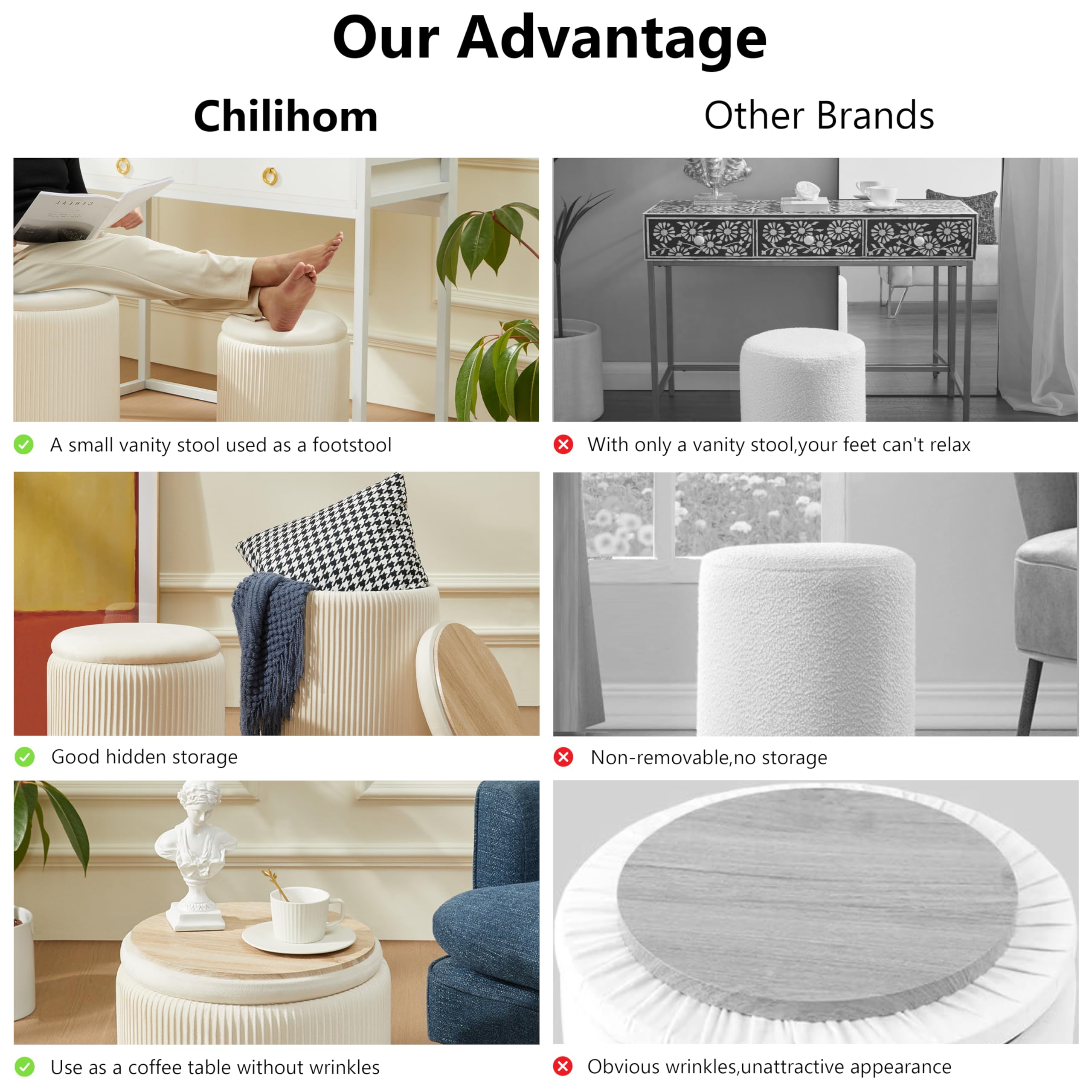 Chilihom Round Ottoman with Storage Set of 2 Upholstered Velvet Vanity Stool for Makeup Lines Support 300lbs Ottomans Multifunctional Foot Rest Coffee Table Padded Seat for Living Room&Bedroom-Beige - Image 6