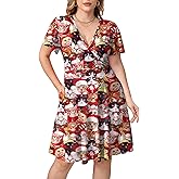 For G and PL Women's Plus Size Ugly Christmas Wrap Dress V Neck Short Sleeve A-Line Flared Festive Outfit