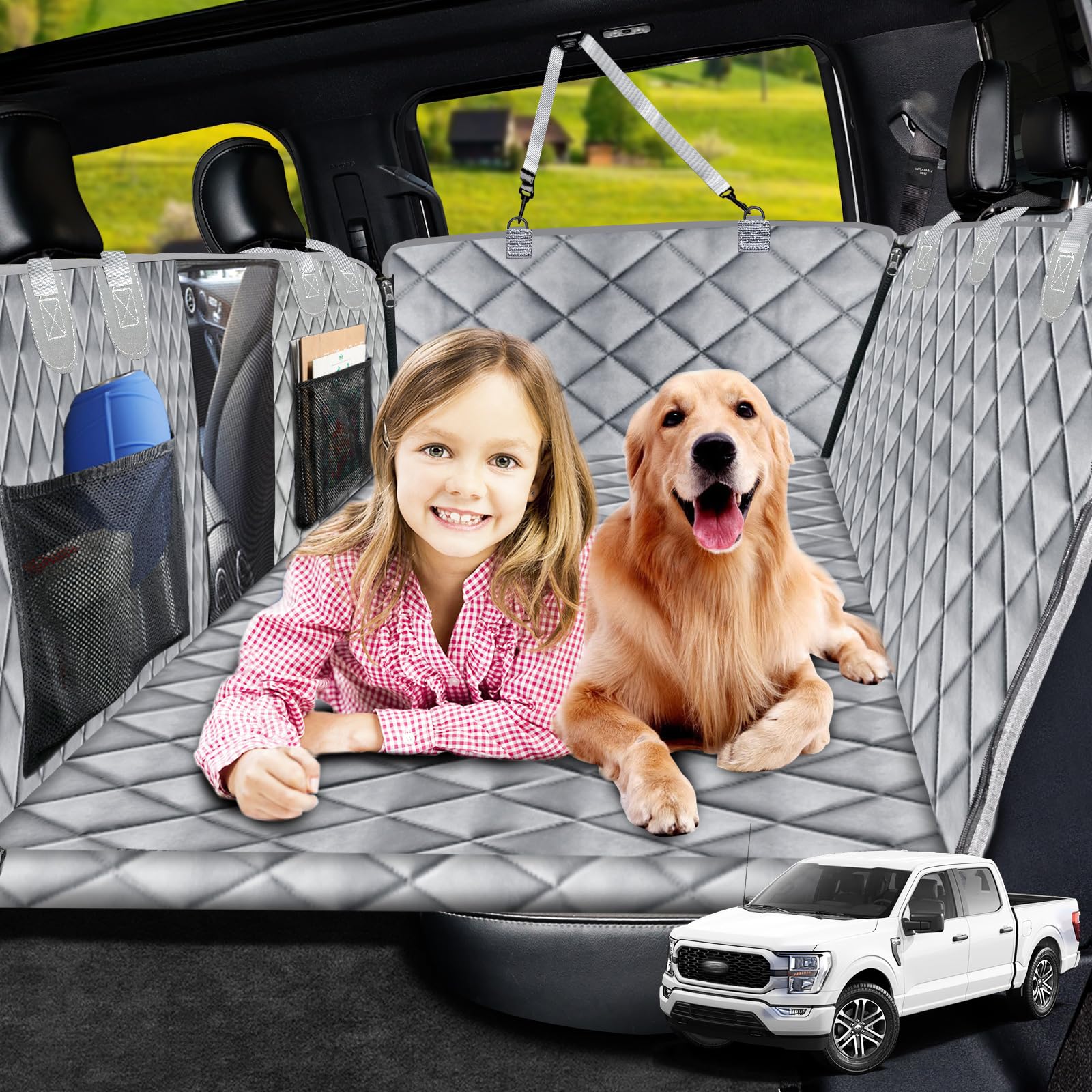 URPOWER 2026 Upgraded Back Seat Extender for Dogs - Large Hard Bottom Dog Car Seat Cover Holds 550lbs, Waterproof Dog Hammock Pet Bed with High-Density Foam Non-Slip Backseat Protector Image