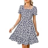 Lyrur Women's Short Sleeve Summer Dresses 2026 Spring Casual Square Neck Easter Dress A-Line Tiered Sundress with Pockets