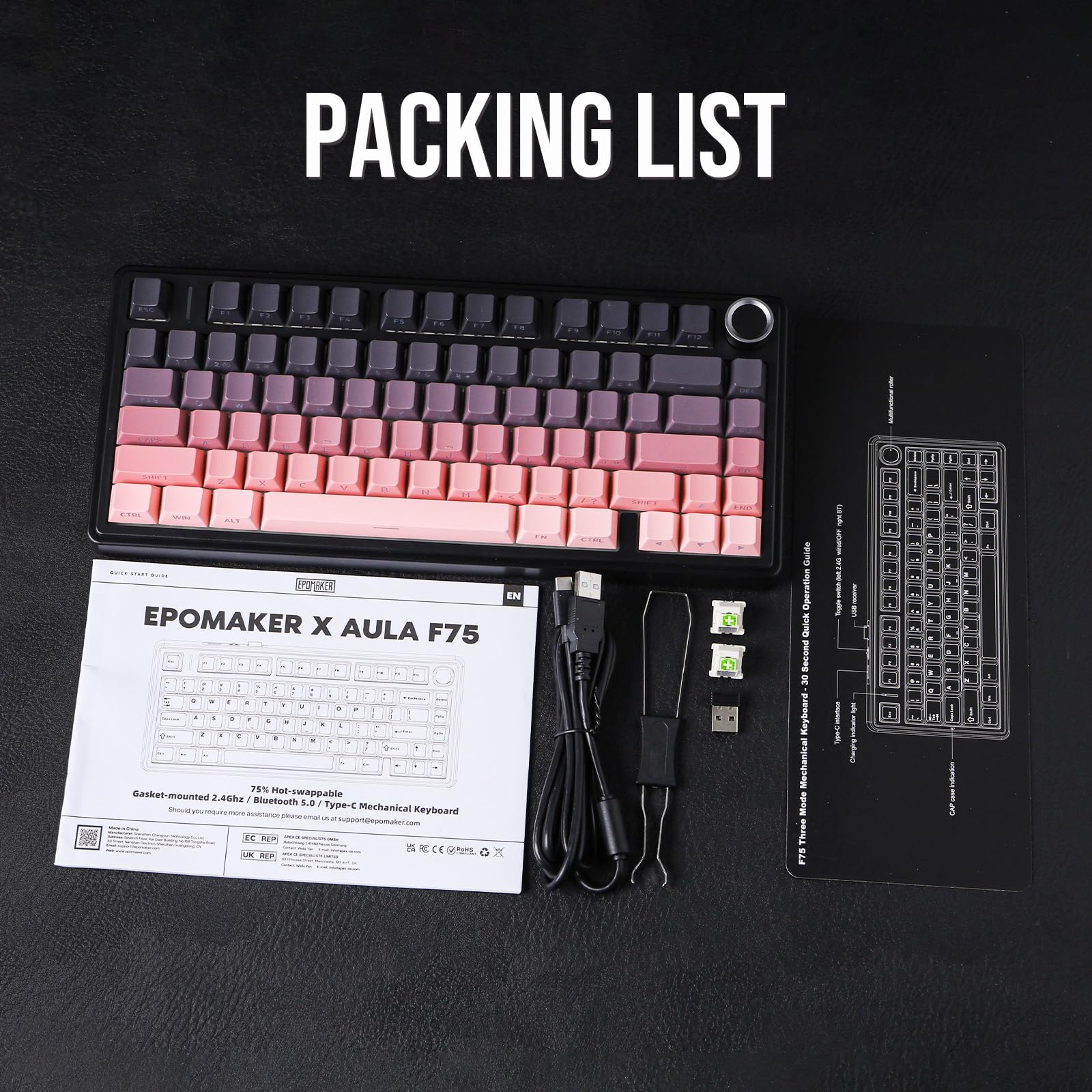 EPOMAKER X Aula F75 75% Wireless Gaming Keyboard, Bluetooth/2.4GHz/USB-C, Hot Swappable Creamy Mechanical Keyboard with 5-Layer Padding&Knob, NKRO, RGB (Black Pink)