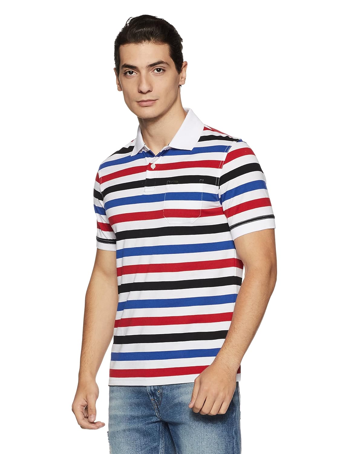 peter england men's striped regular fit synthetic polo